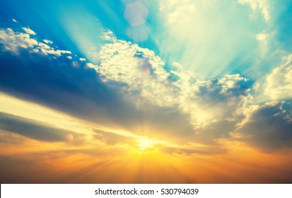 Beautiful Sunset Sky With Sun Rays. Nature Background.