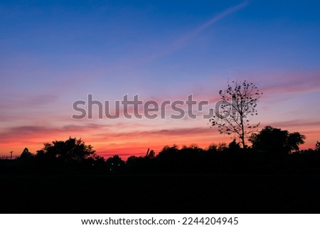 Beautiful Sunset Sky And Tree Silhouette Background In Evening Time At Rural Thailand  