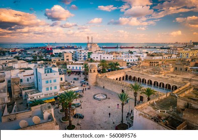 Beautiful sunset in Sousse, Tunisia. Cityscape with the view on Mosque and port of Sousse.
