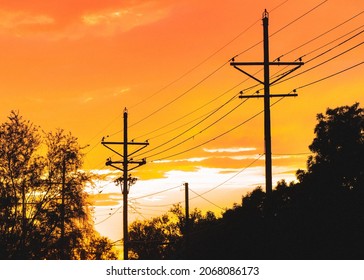 Beautiful Sunset Sunrise With Orange Pink And Purple Clouds Silhouette Of Electric Power Lines And Trees Dusk Or Dawn