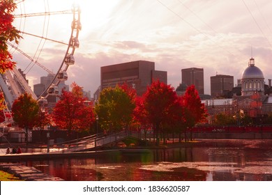 A Beautiful Sunset Time Overlooking The City And A Ferris Wheel In Old Montreal Canada