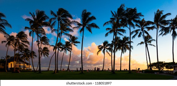 Beautiful Sunset At A Tropical Beach In Kauai, Hawaii Islands.