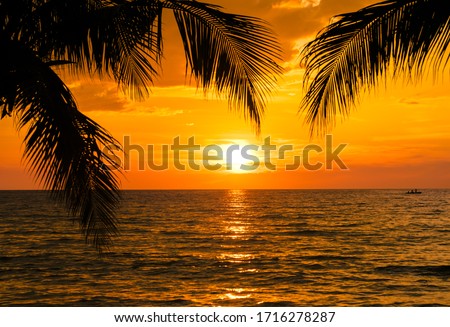 Beautiful sunset tropical beach with palm tree and blue sky for travel and vacation in holiday relax time