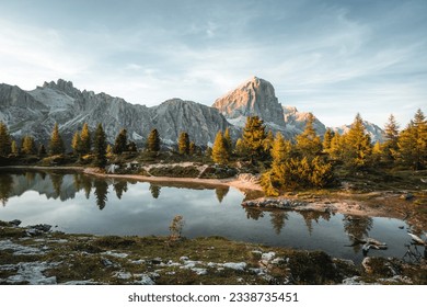 Beautiful sunset view on Lago di Limides in the Falzarego Pass Dolomites, Italy