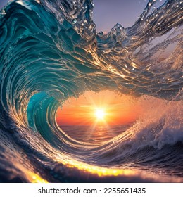 Beautiful sunset wave vibrant translucent color nice clear water splashes with foam and drops - Shutterstock ID 2255651435