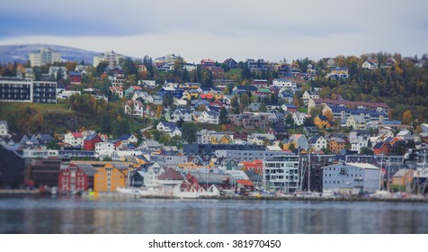 Beautiful Super Wide-angle Panoramic Aerial View Of Tromso, Norway With Harbor And Skyline With Scenery Beyond The City, Sunny Summer Day With Blue Sky 