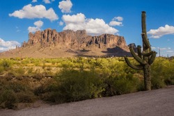 The Beautiful Superstition Mountains In Arizona On A Bright Blue Sunny Day. 