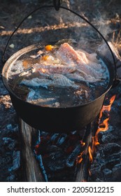 Beautiful Surface Of Fish Soup In The Sun With Fish And Spices In A Pot On A Fire. Cooking In The Camp Outdoors.