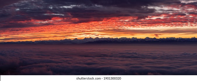 Beautiful surnrise panorama with powerful colors, La tourne, Neuchâtel, Switzerland