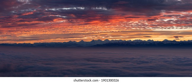 Beautiful surnrise panorama with powerful colors, La tourne, Neuchâtel, Switzerland