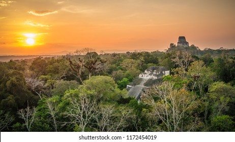 Beautiful And Surreal Sunset At Tikal Temples Guatemala