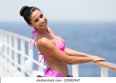 Beautiful Swimwear Model Standing On Cruise Ship