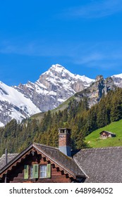 Schöne Schweizer Bergtallandschaft mit Hausdach.