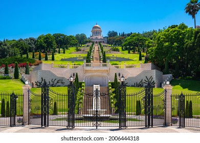 Beautiful Symmetric View Of The Terraces Of The Baháʼí Faith, Also Known As The Hanging Gardens Of Haifa, Leading Up To The Shrine Of The Báb, Located On On Mount Carmel In Haifa, Israel