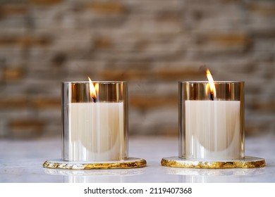Beautiful table setting with candles. Home decoration, air freshener, aroma candles