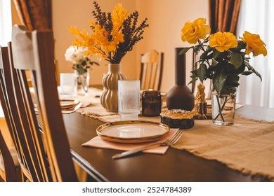 Beautiful table setting with a ceramic pink plate, a fork, and a glass of water on a rustic burlap tablecloth. - Powered by Shutterstock