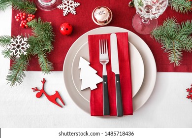 Beautiful Table Setting For Christmas Dinner, Top View