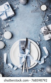 Beautiful Table Setting For Christmas Dinner Top View. Copy Space For Text