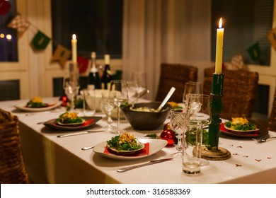 Beautiful Table Setting For Christmas Party Or New Year Celebration At Family Home