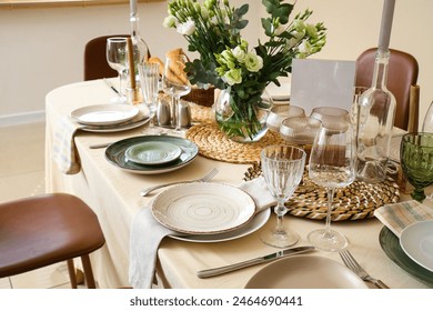 Beautiful table setting with eustoma flowers for wedding celebration in room, closeup - Powered by Shutterstock