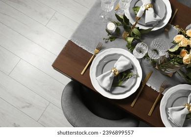 Beautiful table setting with floral decor, top view. Space for text - Powered by Shutterstock