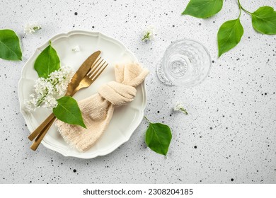 Beautiful table setting with flowers. holiday dinner. place for text, top view, - Powered by Shutterstock