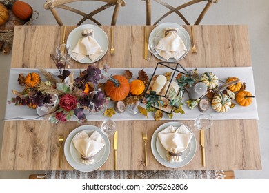 Beautiful Table Setting For Thanksgiving Day Dinner At Home, Top View