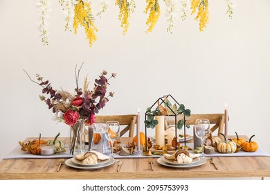 Beautiful table setting for Thanksgiving Day dinner at home