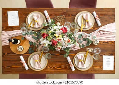 Beautiful Table Setting With Wedding Invitations, Top View