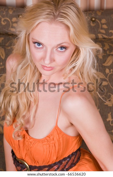 Beautiful Tall Blonde Bright Orange Dress Stock Photo Edit Now