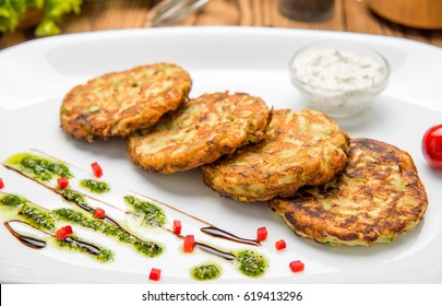 Beautiful And Tasty Food On A Plate. Veggie Burger With Spinach And Vegetables