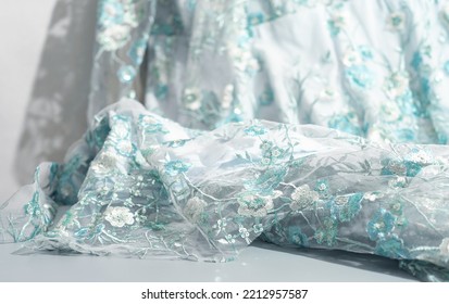 Beautiful Teal Color Lace Fabric With Sequins And Embroidery. Textile For Party Dress Or Prom Dress. Wedding Bridal Gown Details Sewing