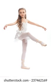 Beautiful Teen Girl In White Clothes  Ballet Pose With Long Hair Isolated On White Background