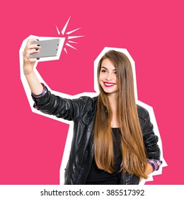 Beautiful Teenage Girl In Black Leather Jacket, With Long Blonde Hair, Smiling, Posing, Taking A Selfie On Smartphone. Concept Minimalist Design Cut Out Photo, Square Format, Retouched, Vibrant Colors