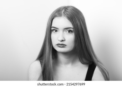 Beautiful Teenage Girl Bw Portrait Headshot Melancholic