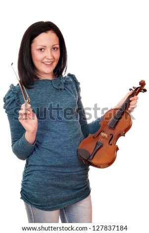 beautiful teenage girl with violin on white