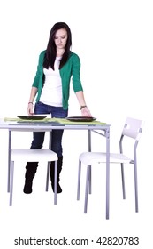 Beautiful Teenager Preparing The Dinner Table - Isolated