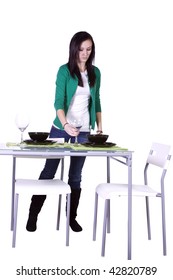 Beautiful Teenager Preparing The Dinner Table - Isolated