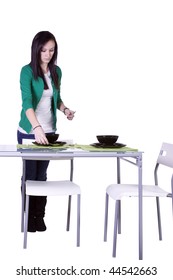 Beautiful Teenager Preparing The Dinner Table - Isolated