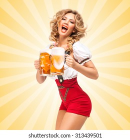 Beautiful tempting sexy woman wearing red jumper shorts with suspenders in a form of a traditional dirndl, serving two beer mugs on colorful abstract cartoon style background.
