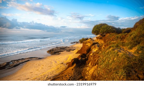 Beautiful Ten Miles Beach with golden sand, cliffs and pandanus trees growing on it during late sunrise. pacific ocean, Black rocks campsite, Bundjalung National Park, New South Wales, Australia	 - Powered by Shutterstock