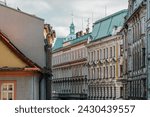 Beautiful tenement houses on November 11 Street. Bielsko-Biala. Richly decorated tenement houses. The mansard roof is covered with patinated copper sheets