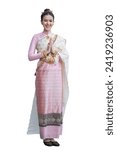 Beautiful Thai Girl in a traditional Elegant pink dress and yellow sash. Fashion portrait of pretty Asian women in culture traditional Luxurious Thai dress. White background and Clipping Path.