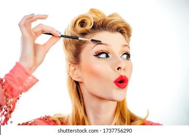 Beautiful Thick Eyebrows, Pin Up. Perfect Eyebrows, Make-up Correction. Funny Eyebrow.