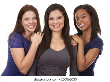 Beautiful Three Women Having Fun On White Isolated Background