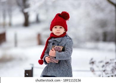 Beautiful Toddler Child, Cute Boy, Playing In Snowy Park Winter Time, Cloudy Day