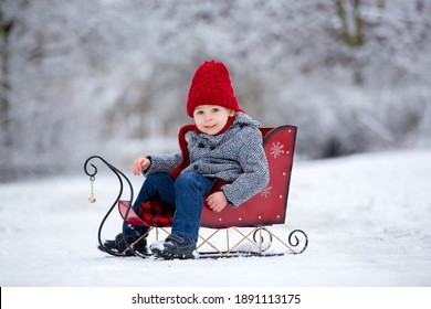 Beautiful Toddler Child, Cute Boy, Playing In Snowy Park Winter Time, Cloudy Day