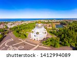 Beautiful top view of Kronshtadt Naval Cathedral of St. Nicholas on a sunny summer day. Built in 1903-1913 as the main church of Russian Navy and dedicated to all fallen seamen. St Petersburg Russia.