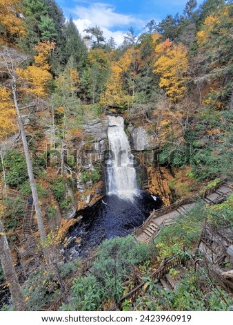 Beautiful top view of the main waterfall surrounded by stunning fall foliage near Bushkill Falls, Pennsylvania, U.S.A