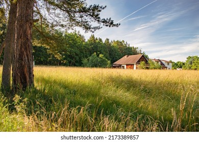 Beautiful Traditional Czech Countryside And Architecture, Old House. Hiking Path Around Pond Svet In Trebon, South Bohemia. Meadow With Long Grass Near Forest. Lovely Rural Bohemian Nature.